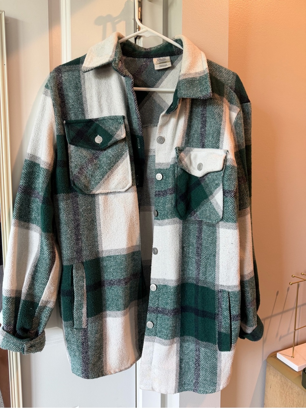 Green and White Plaid Button-Up Shacket